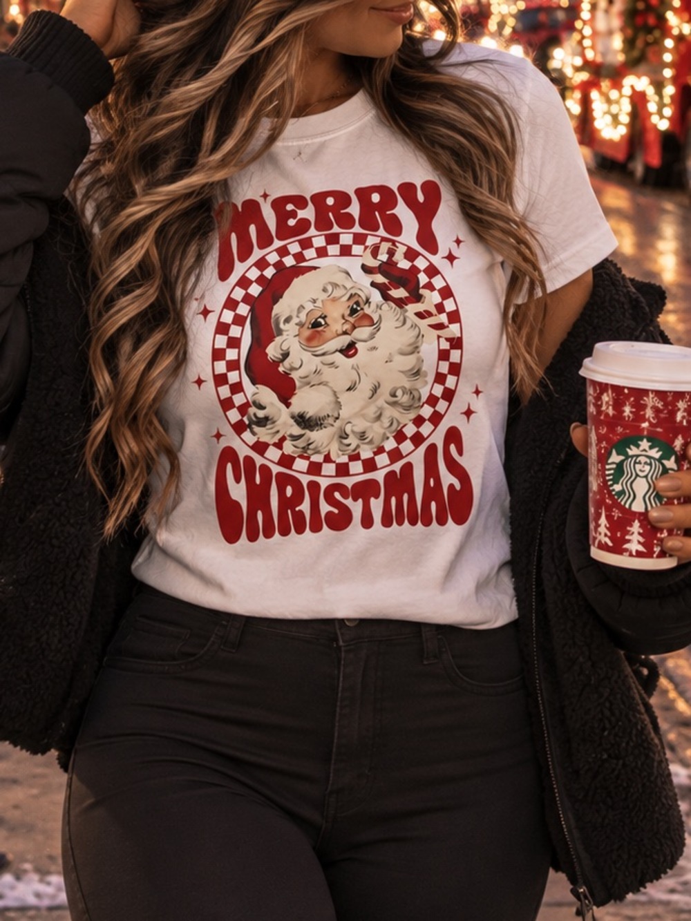 Merry Christmas Vintage Santa Graphic Tee - White